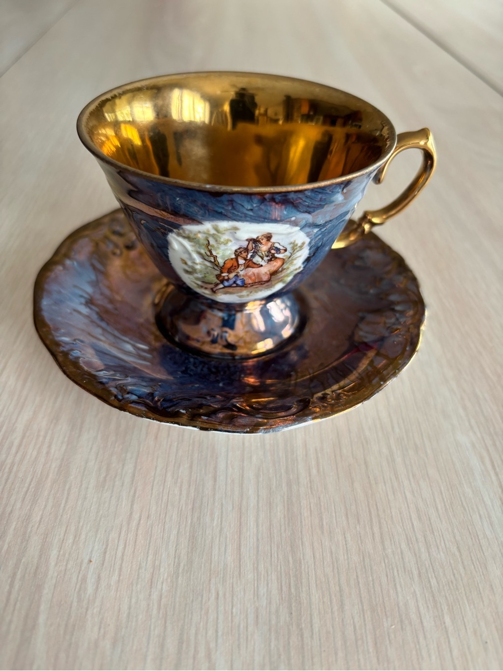 Vintage Wawel China Gold-Interior Blue Porcelain Decorative Teacup & Saucer